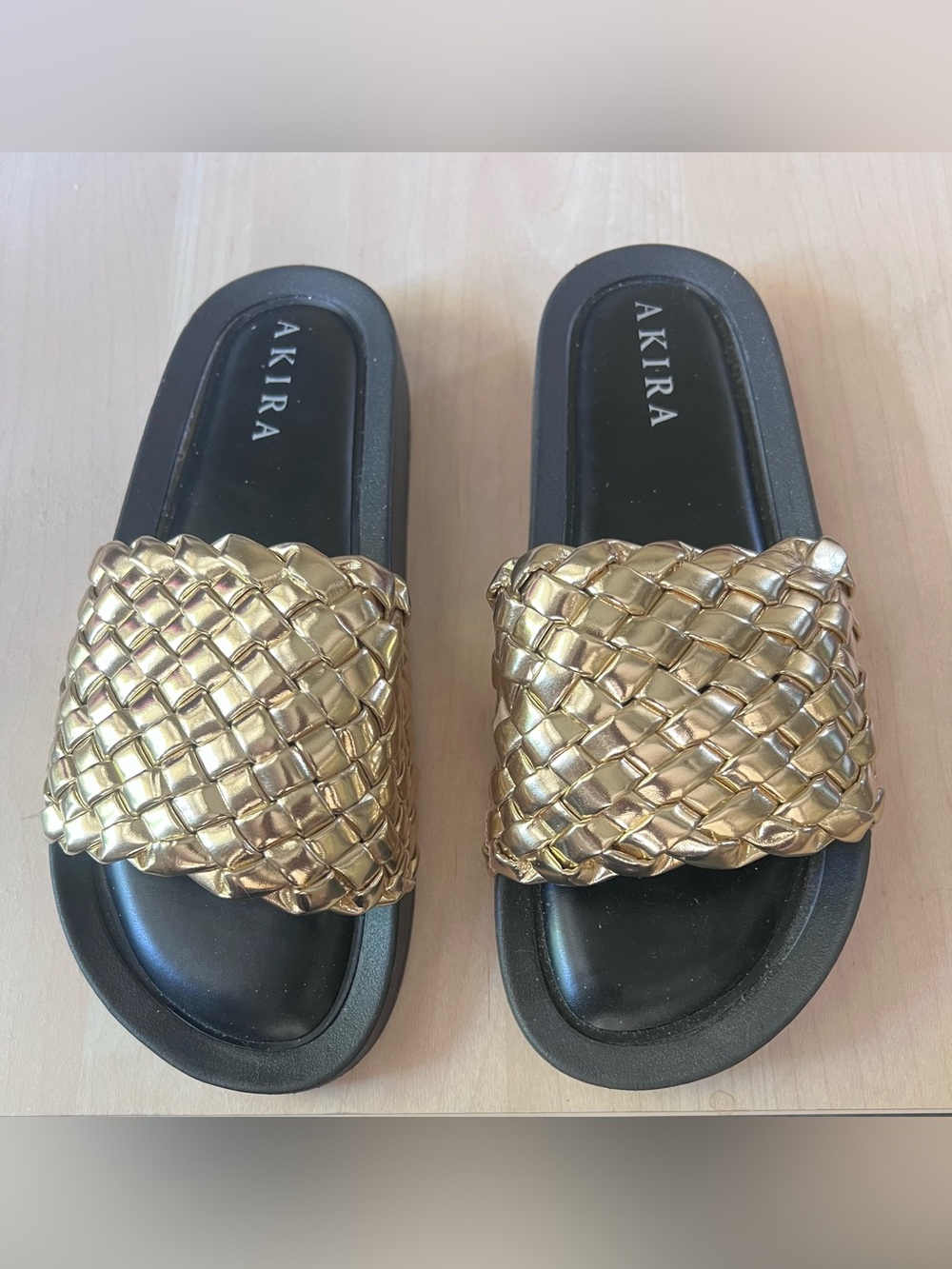 AKIRA Metallic Gold Braided Slide Sandals